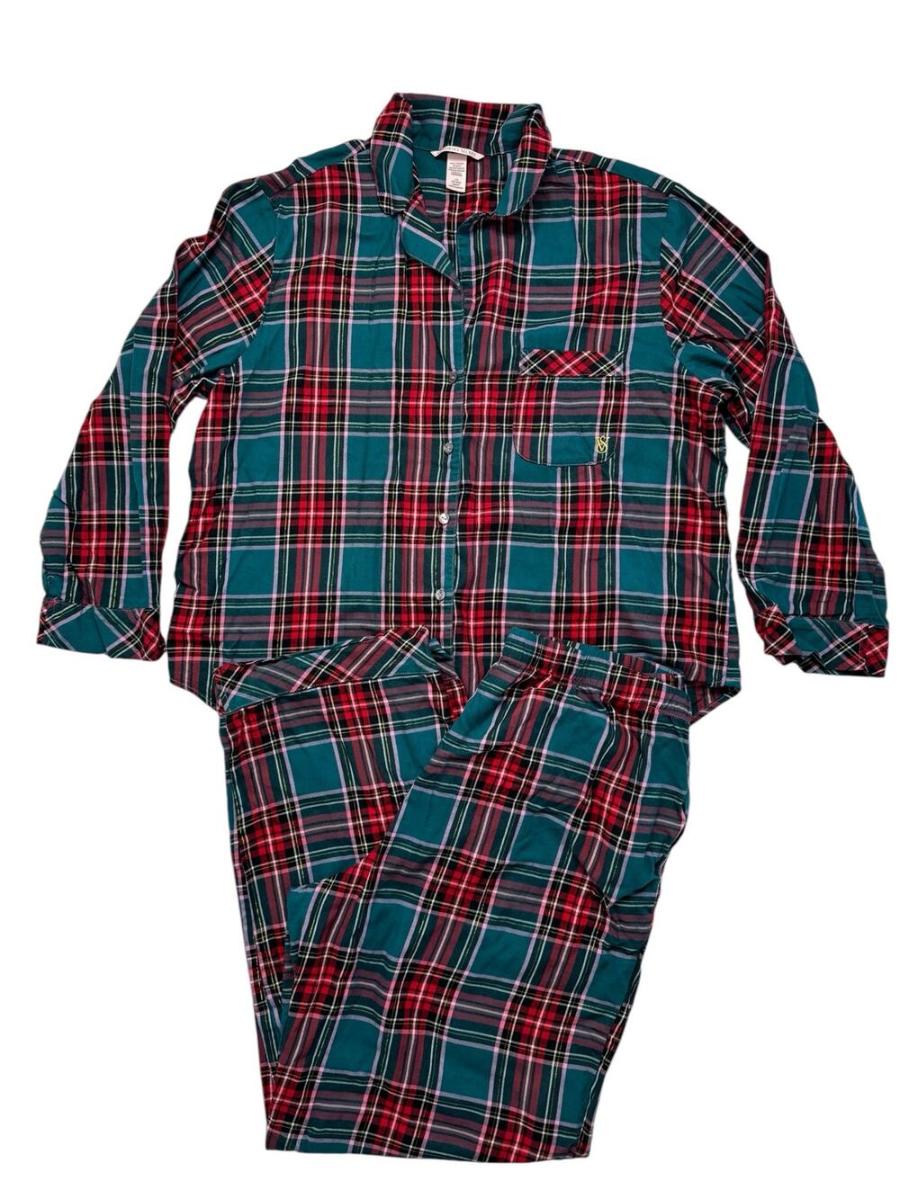 VICTORIAS SECRET Holiday Metallic Plaid Flannel Pajama Set Large Green Red Pink